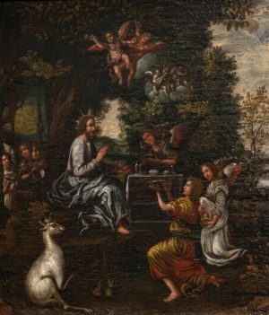 Pittore del 1600l Cristo servito dagli angeli Olio su tela iconograficamente rarissimo