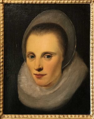 Ritratto fiammingo di dama olandese con cornice in oro zecchino coeva XIX secolo